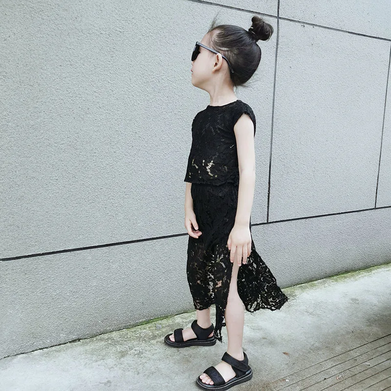 Black Baby Girls Lace Suit Sleeveless Vest Split Skirt Outfit Hollow Out Kids Clothing See Trough Mesh Streetwear 3 to 12 year