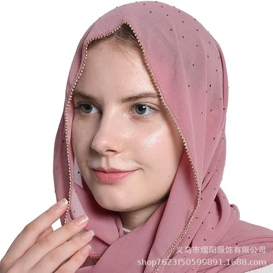 

Fashion Hot Sale High-Quality Pearl Chiffon Rhinestone Chain Scarf Shawl Muslim Women Hijab Ethnic Headscarf