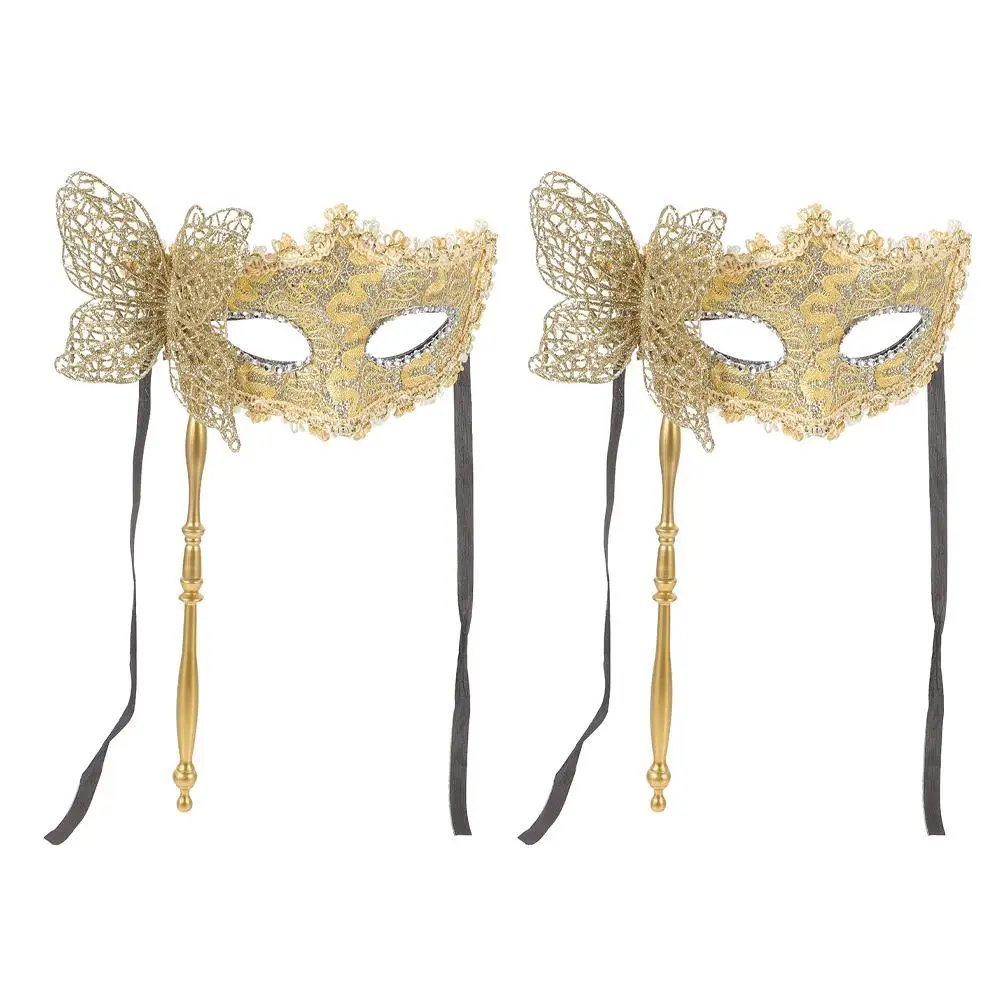 2 Pcs Masquerade Masks Dragon Pattern Handheld Stick Design Elegant Cosplay Party Couples Gold Venetian Face Coverings Carnival