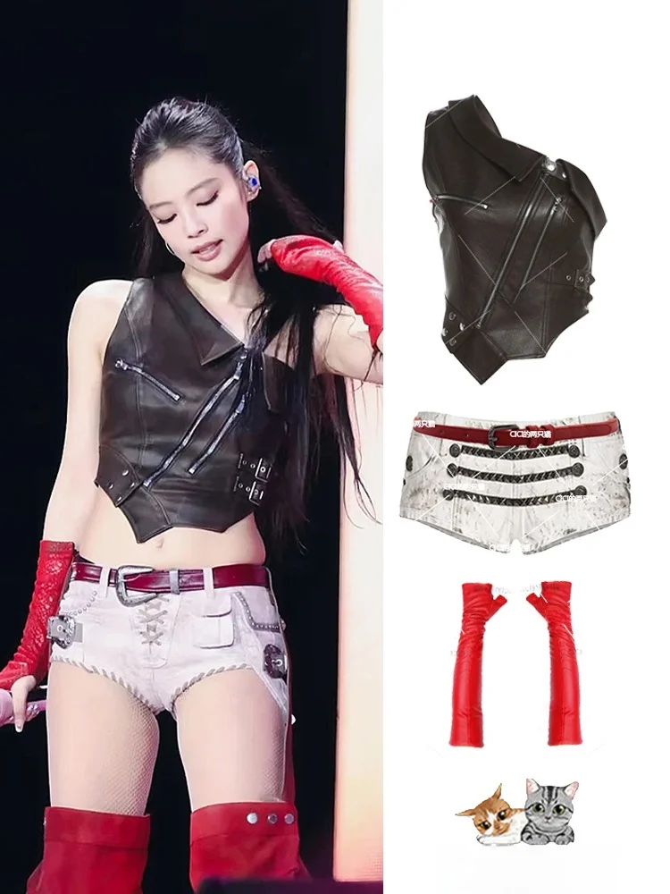 

Jennie Asymmetric Zipper Motorcycle Vest PU Leather Short Shoulder Oblique Top Women's Fashion Summer 2025