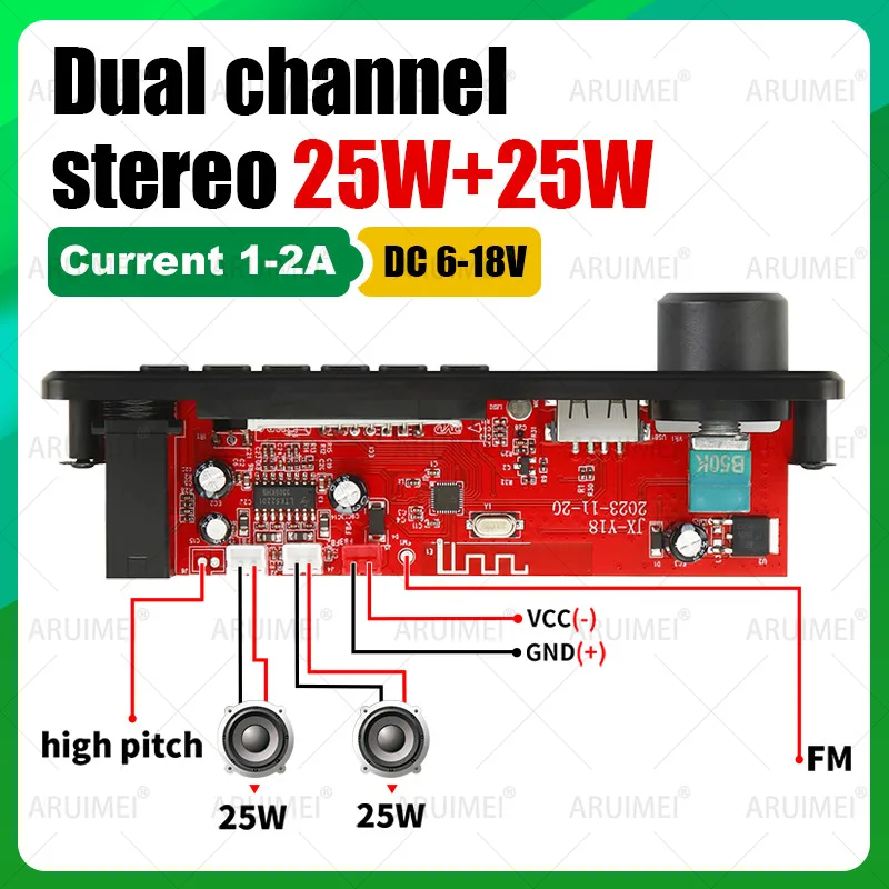 50W Amplifier 18V MP3/WAV/FLAC Decoder Board Bluetooth 5.3 Car Audio System with Dual Mic ENC, USB/TF/FM & Remote Control