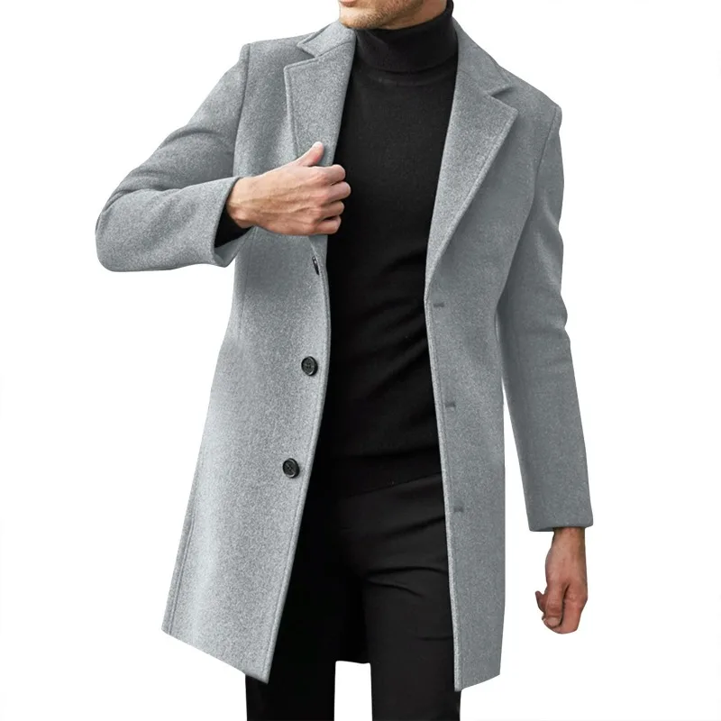 Men Mid Long Wool Blend Coat Notched Lapel Single Breasted Overcoat Solid Color Business Casual Outerwear Male Autumn Winter