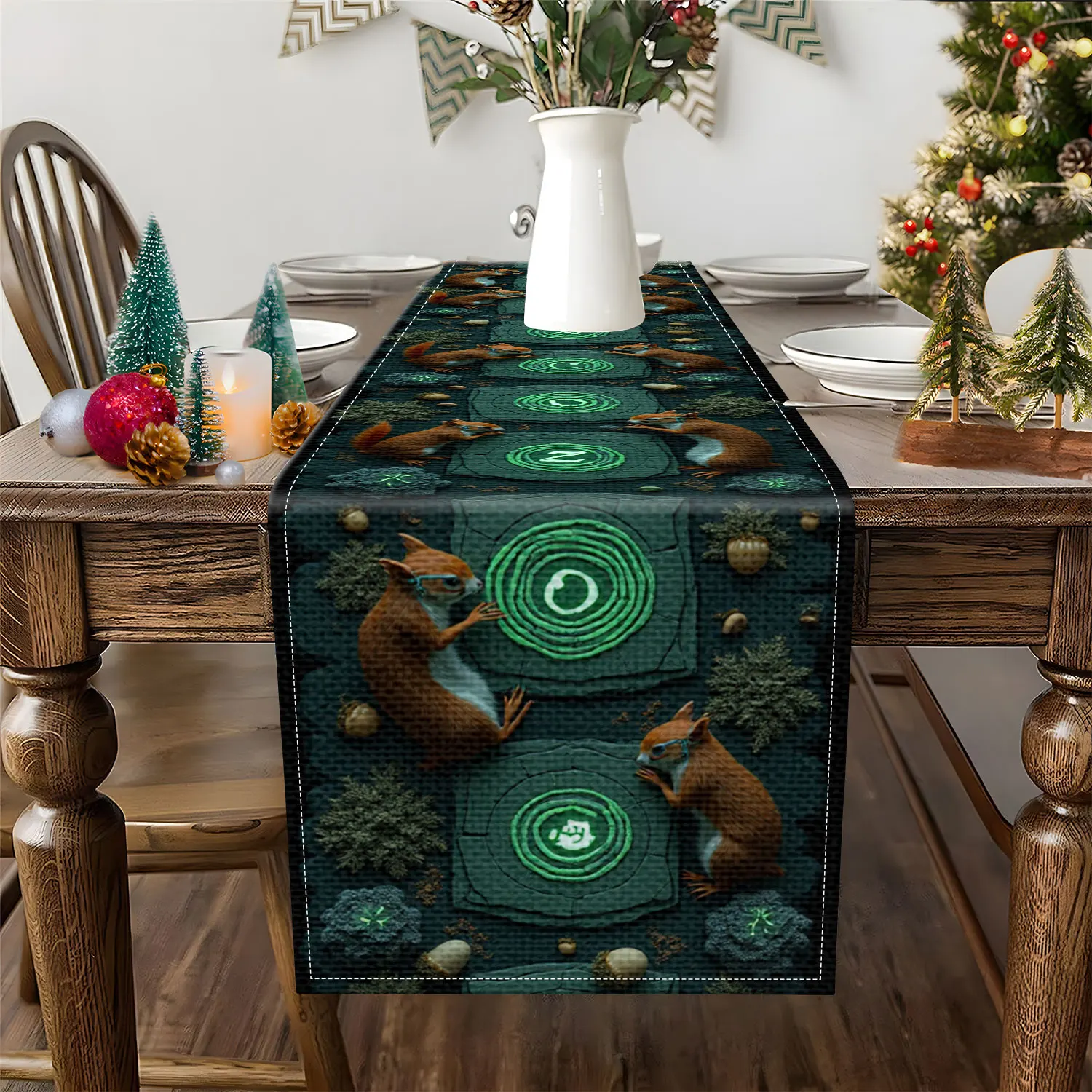 1 Piece of Rune-Themed Table Runner, Featuring Squirrels and Glowing Stones as Main Motifs, Suitable for Fantasy-Themed Parties and Mysterious-Style Home Decoration