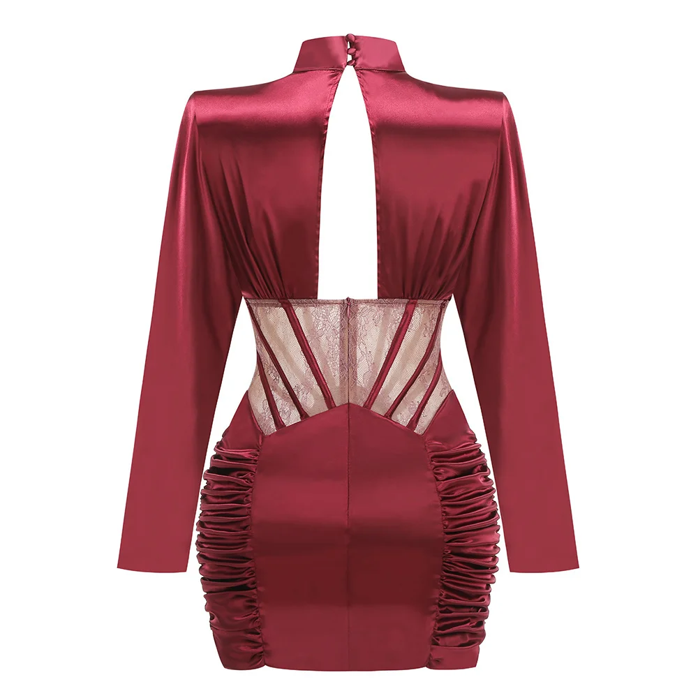 Vestido de satén burdeos para mujer, elegante vestido ceñido de manga larga recortado, Mini vestidos de noche de calle para fiesta y celebridades, cumpleaños