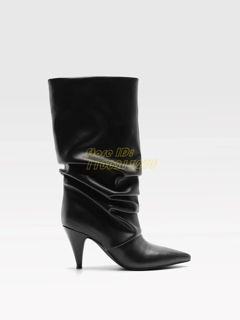 مطوي مدبب تو الأحذية الجلدية الانزلاق على مترهل اليدوية موضة 2026 الشتاء الخريف النساء فستان أحذية سبايك الكعوب