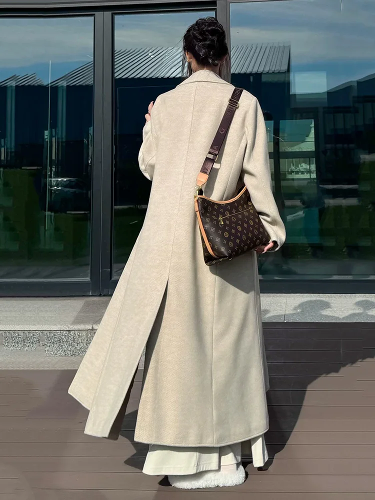 New Women Cotton Liner Wool Blends Coat Autumn Winter Fashion Suit Collar Double Breasted Casual Daily Long Wool Coat Thick Coat