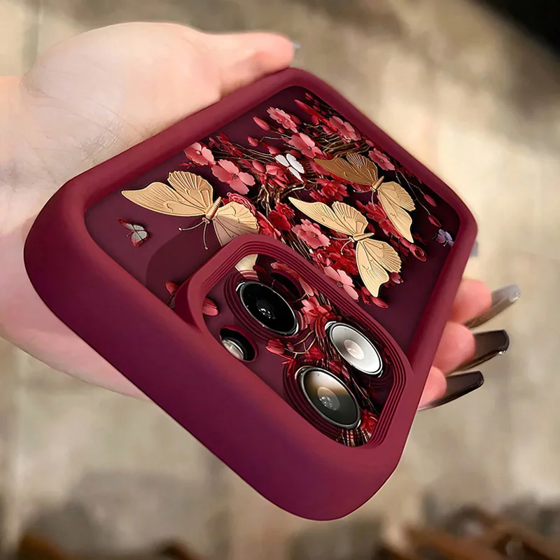 Vintage Red Floral Gold Butterfly Pattern Soft TPU Phone Case For iPhone 17 11 12 13 14 15 16 Pro Max XS X XR 7 8 Plus 16 Cover