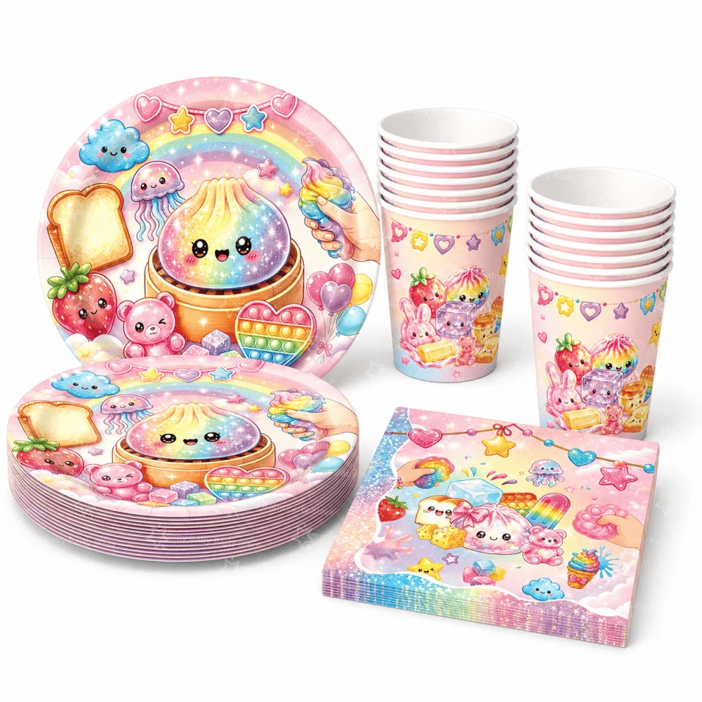 60 Stück Squishy Geburtstagsdekorations-Geschirr Rosa Spielzeug Einweg-Pappbecher Teller Servietten Party-Geschenke Babyparty-Spielzeug
