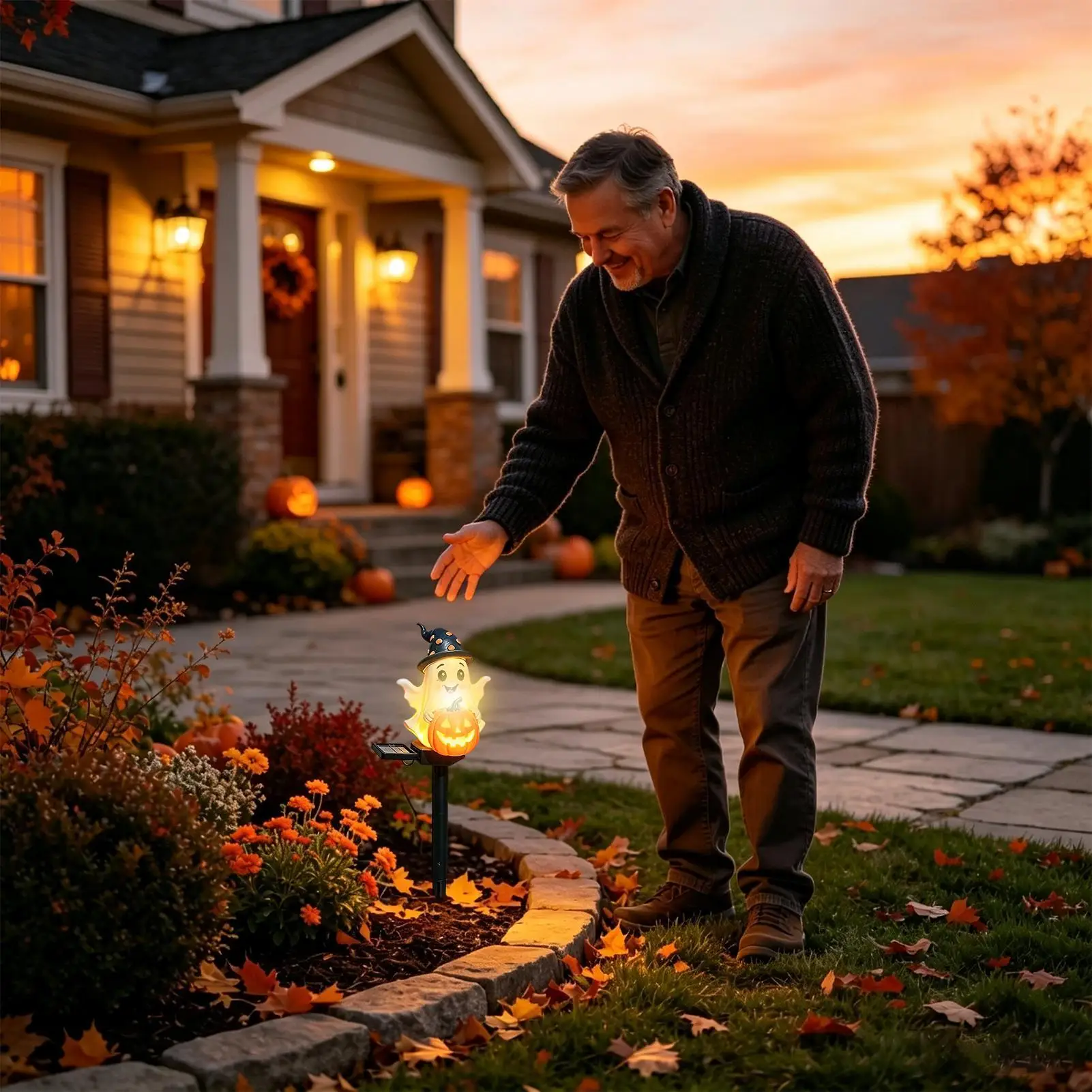 Halloween Stake Lights Waterproof Resin Figurine Sculpture Solar Ghost Lights Pumpkin Stakes For Garden Courtyard Patio Lawn
