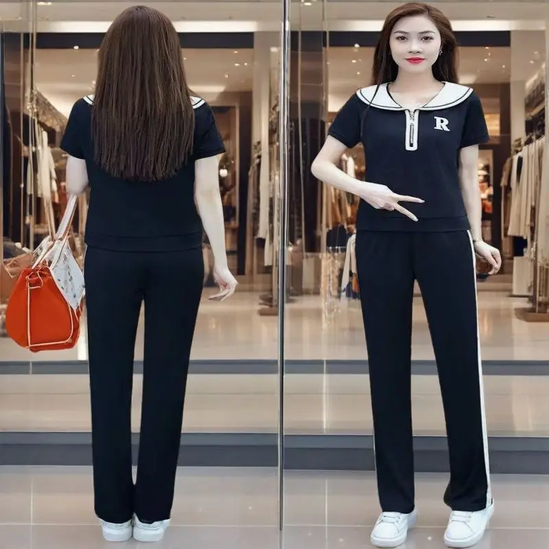 Leisure Sports Suit Women's Summer New Fashionable and Stylish Style Slimming Short Sleeved Straight Leg Pants Two-piece Set