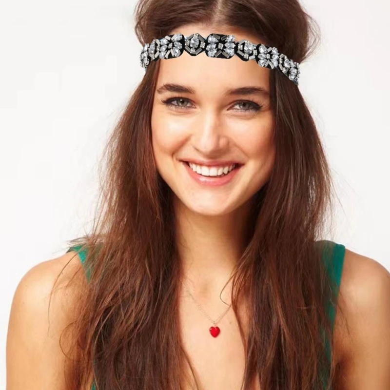 Girls Bohemian Hairband with Beads&Rhinestone Woman Headband for Wedding Party