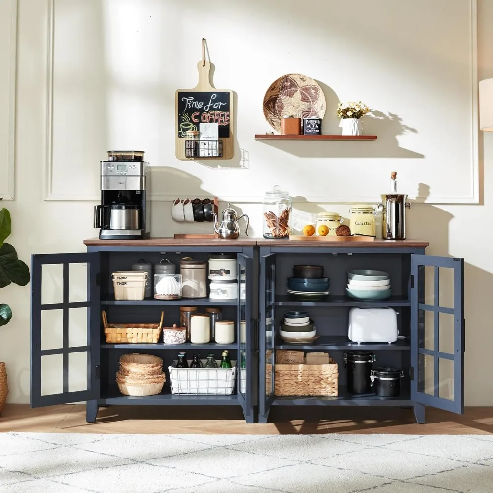 Large Sideboard Buffet Cabinet with Storage, Farmhouse Navy Blue Kitchen Coffee Wine Bar Cabinet with Glass Doors