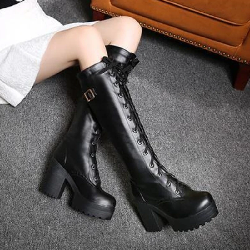 Gothic Platform High Boots for Women Sexy Buckle Black White Winter Knee High Boot Female Block Heels Party Shoes Ladies