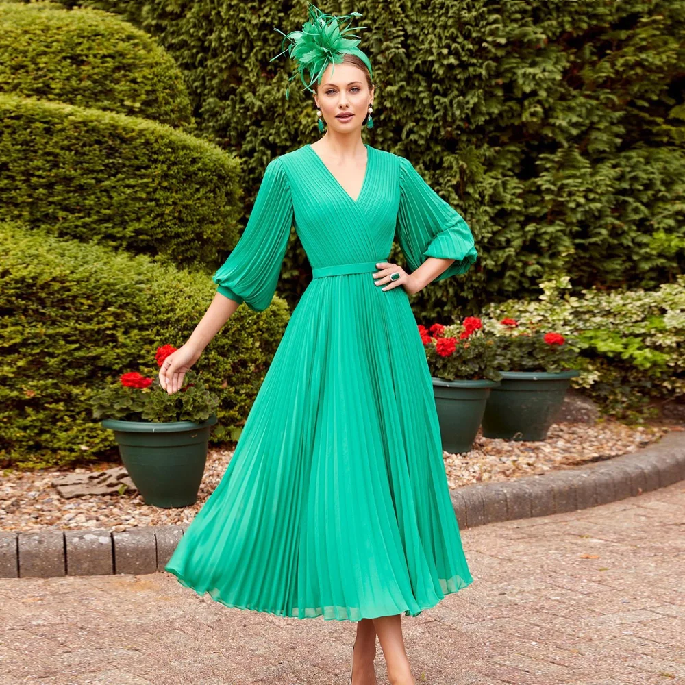 Elegante grüne kurze Frauen Abend party Kleider V-Ausschnitt Ärmel Tee-Länge Chiffon Prom Promi Kleider Robe de Soiree