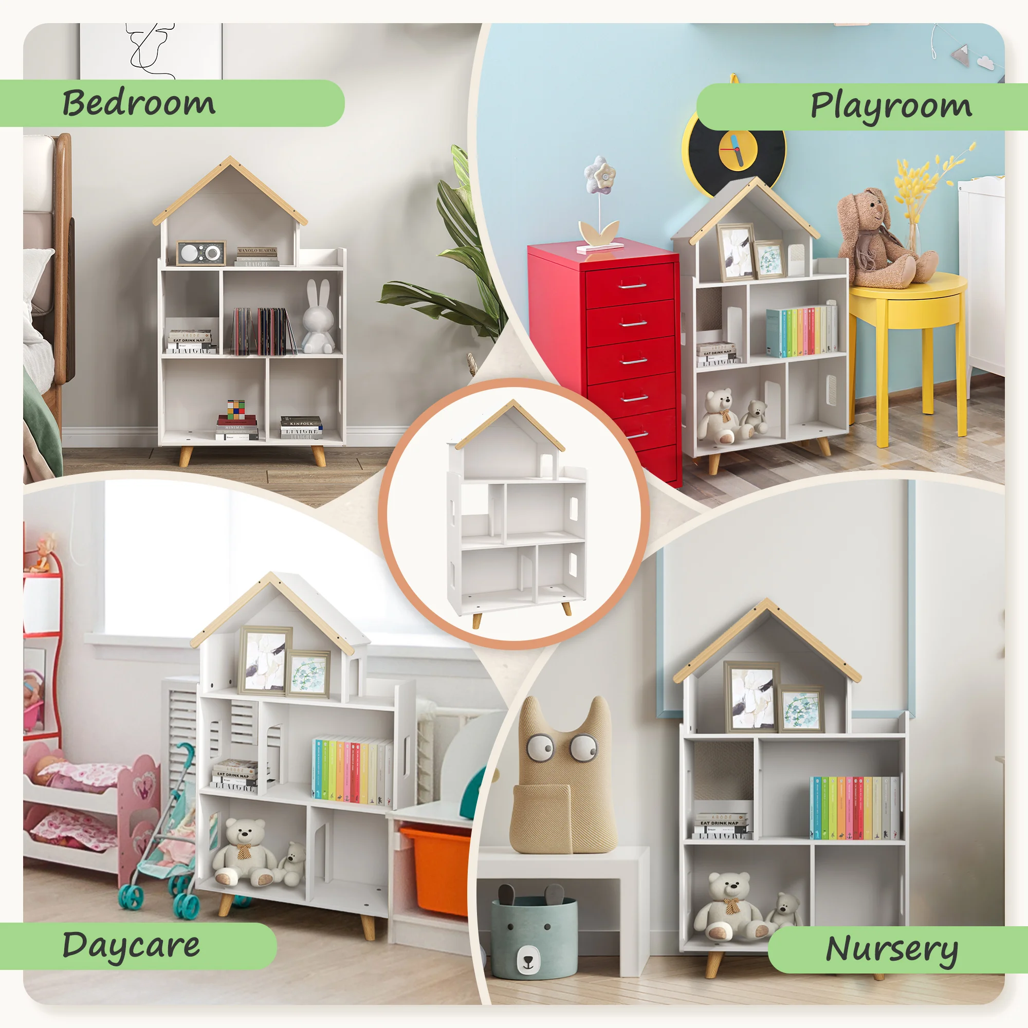 ZONEKIZ Toy Storage Shelf, 3 Tier Children Bookcase with 6 Cubes, for Playroom, Nursery, Bedroom, Kids Room - White