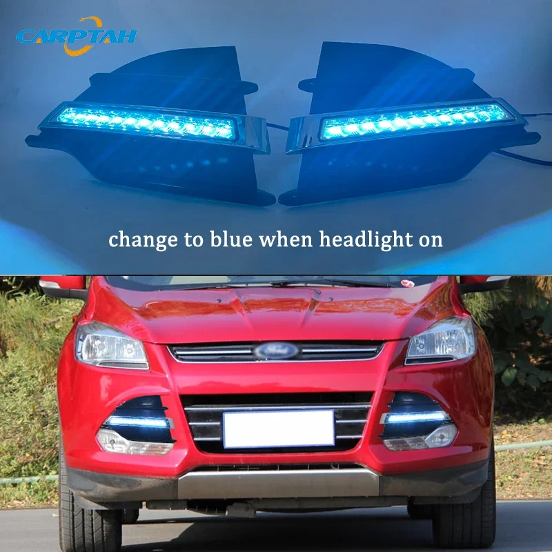 Car LED Daytime Running Headlamps For Ford Kuga 2013 2014 2015 Dynamic Daylights Yellow Turn Signal Night Blue Car DRL Foglamp