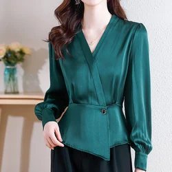 2024 New Autumn Office Lady Chiffon Blouse Female Shirt For Women V-Neck Long Sleeve Casual Slim Blouses Blusas Mujer De Moda