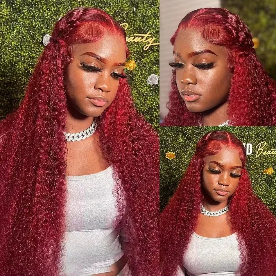 

Парик из натуральных волос 99J Burgundy Deep, 250% плотность, 13x6 HD Full Lace Frontal, предварительно прорезанный, с глубокой волной, 7x6, цветной парик
