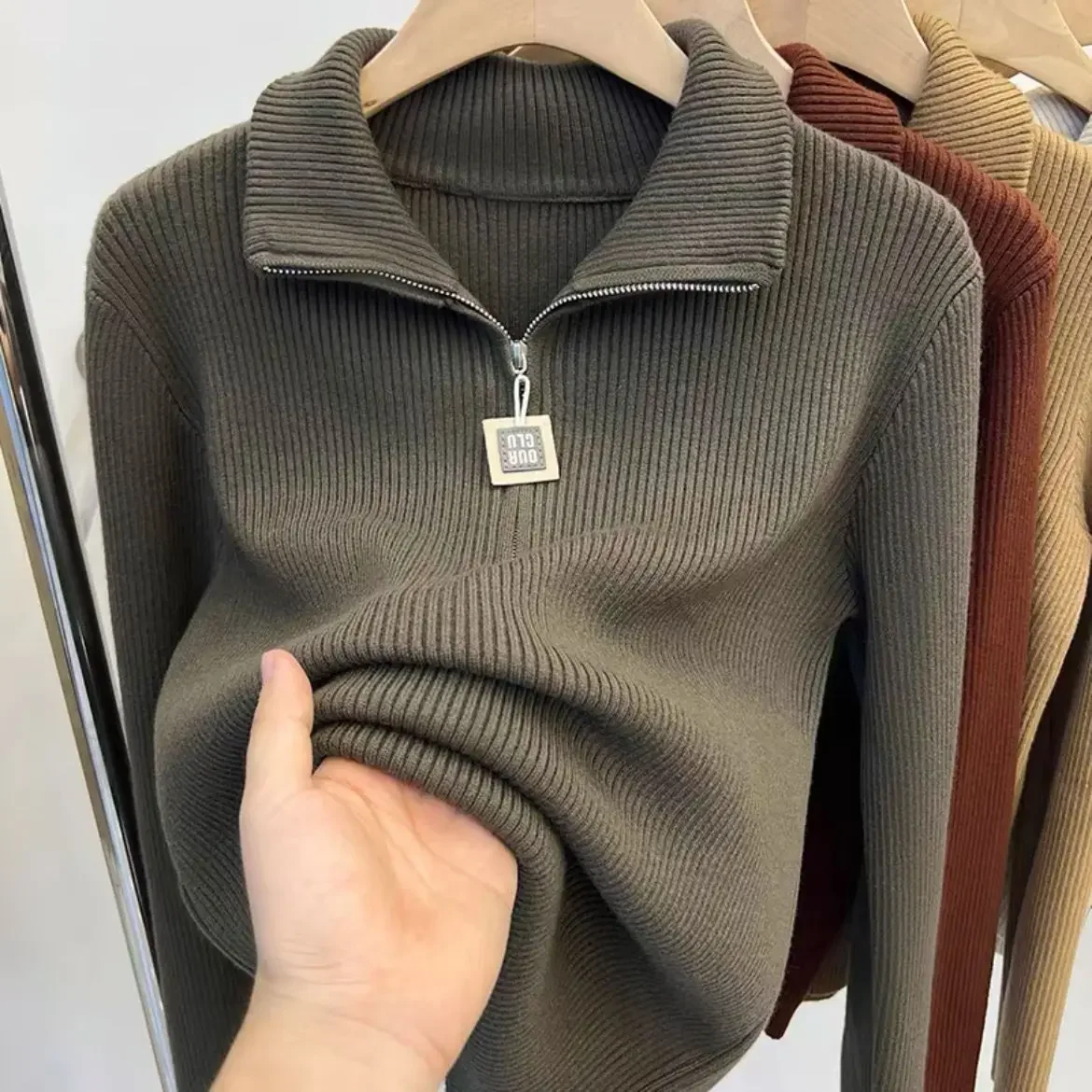 

Oversized Half Height Collar Zipper Simplicity Sweater Autumn Winter Fashion Knitting Loose Top Tee Women Trend Solid Color Tops