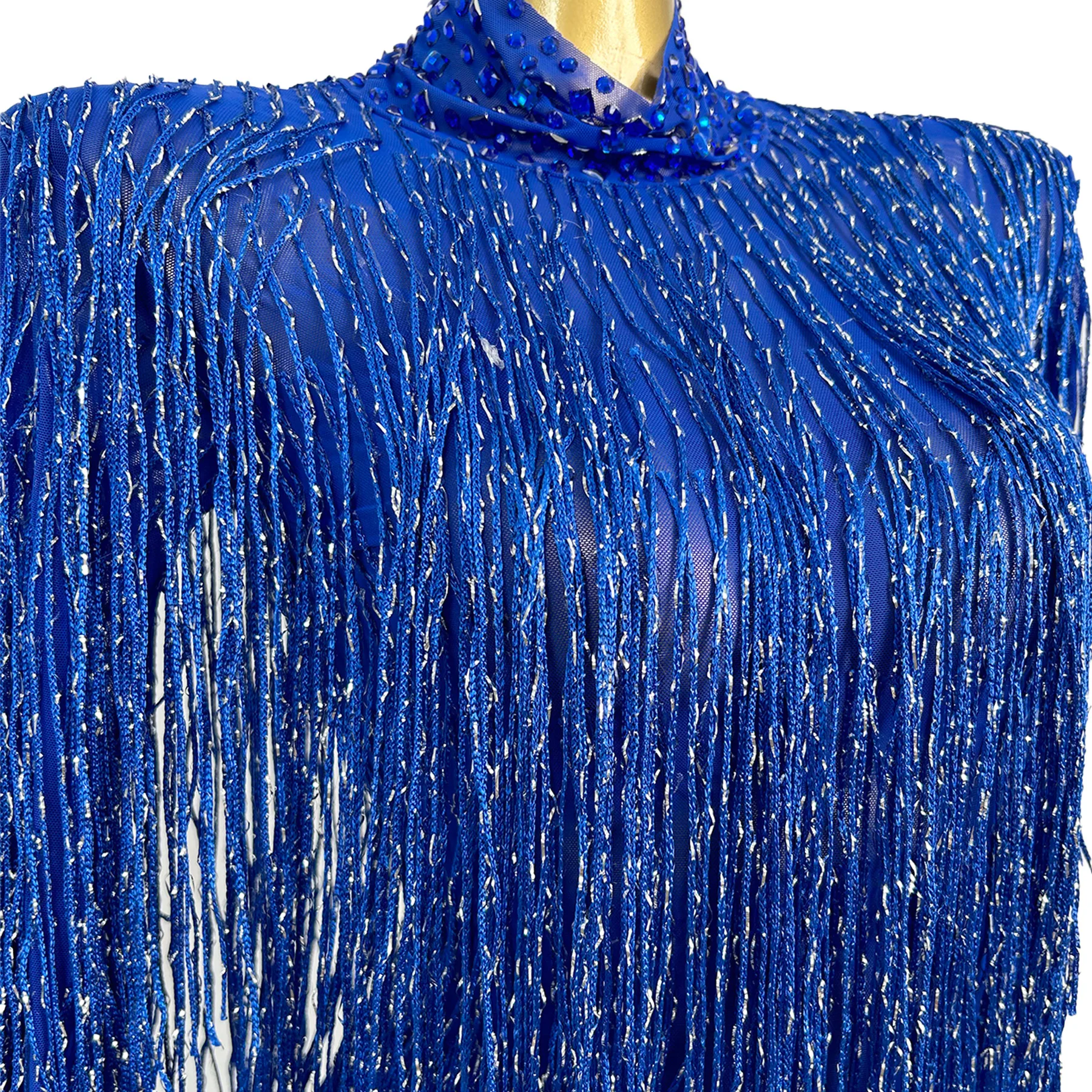 Shizi Elegant Women Dress Sparkling Blue Tassel High Elasticity Dress Stage Performance Costume Birthday Cocktail Prom Gowns