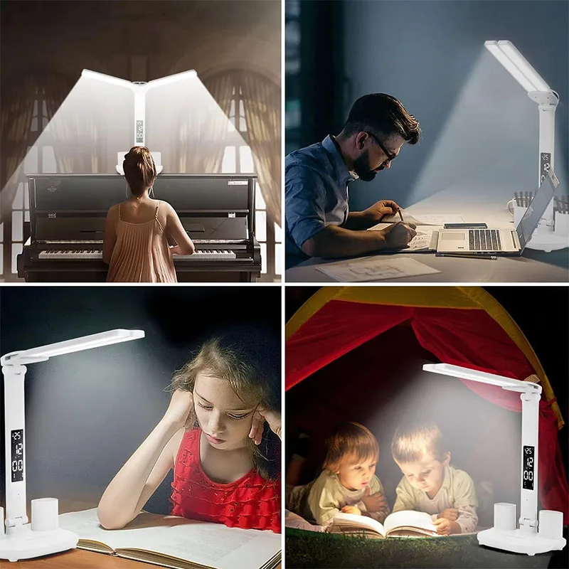 USB Eye Protection New Rechargeable LED Clock Dimmable Table Lamp 180° Rotating Foldable Desktop Reading Night Light USB