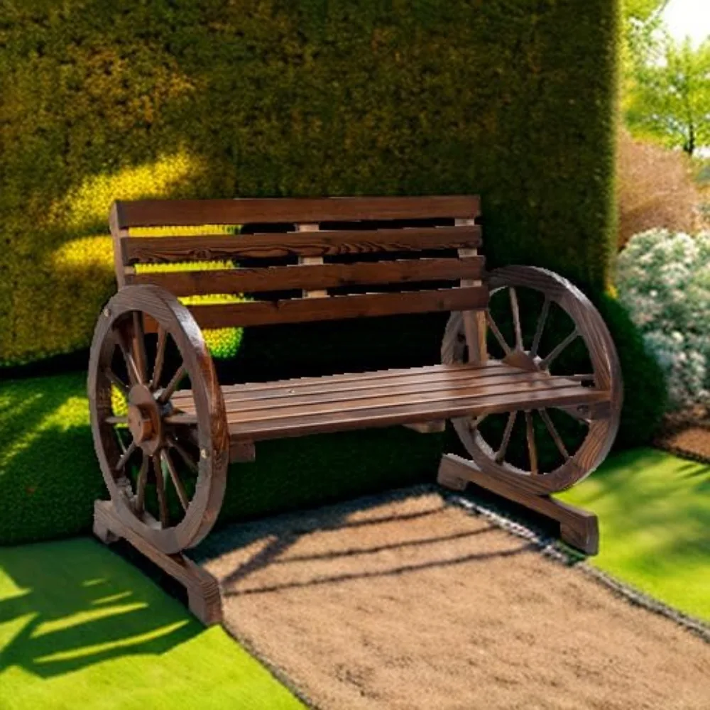 2-Person Wooden Wagon Wheel Bench for Backyard, Patio, Porch, Garden, Outdoor Lounge Furniture w/Rustic Country Design,