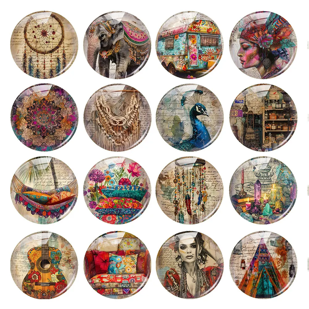 Random Mixed Round/Oval/Square Bohemian Ethnic Vintage Nomadic Photo Glass Cabochon Flatback Demo Cameo For Diy Jewelry Making