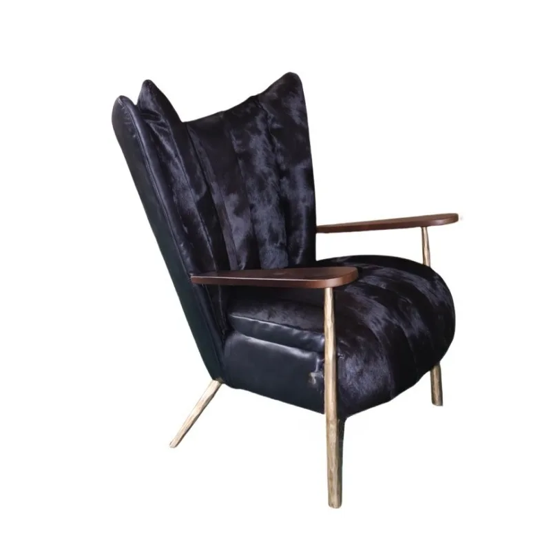Pure black cow fur sofa chair American light luxury leisure chair forged wrought iron solid wood armrest