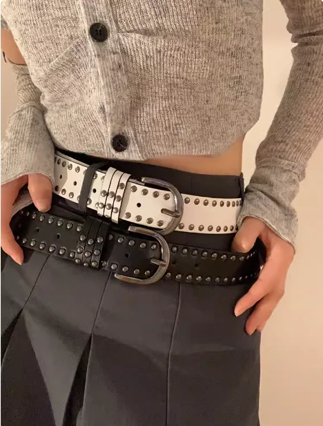 

retro solid color personalized punk style rivet belt for women's spring summer 2024 new versatile high-end feeling belt trend