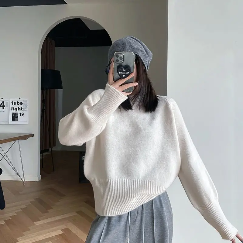 Koreaanse Vintage Losse Truien Herfst Winter Effen Kleur Basis O-hals Dameskleding Pendelen Lange Mouw Casual Gebreide Truien