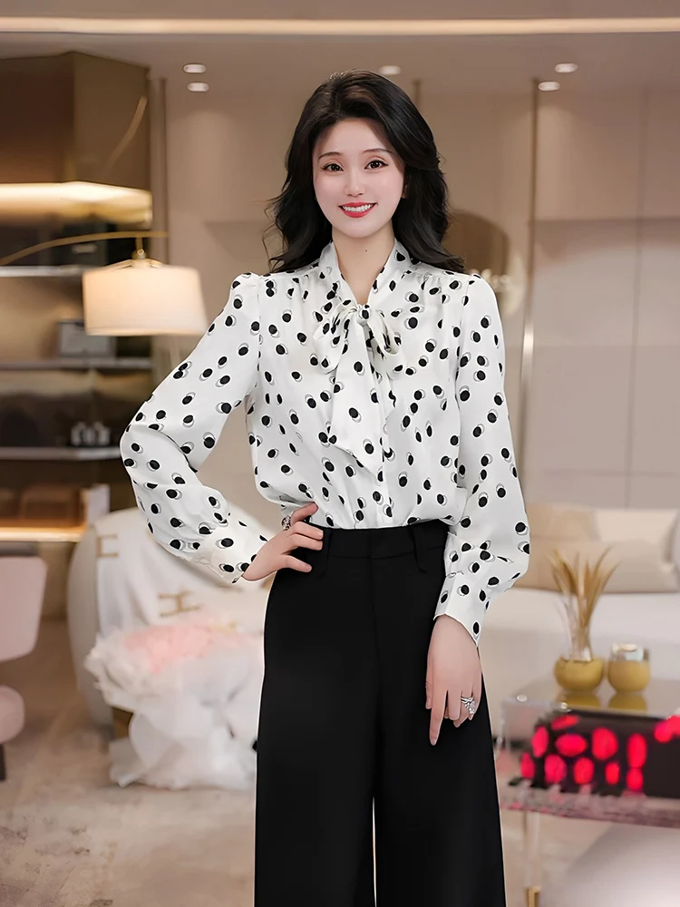 

French Sle Polka Dot Collar irt Women's Spring Autumn Versatile V Ne Top Breathable Polyester Long Sve