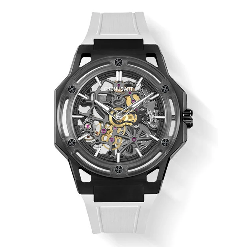 CRONUSART Men Automatic Watch Luxury 42mm Titanium Mechanical Wristwatch Luminous Sapphire Skeleton Dial Fluororubber Strap