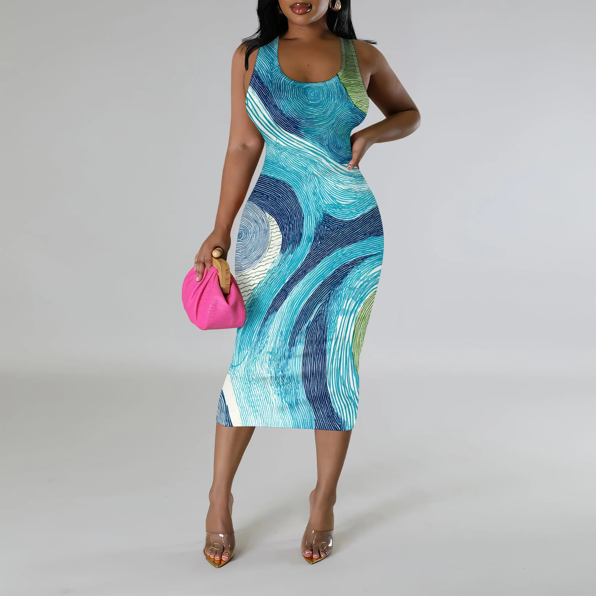 

Blue Green Swirl Print Midi Dress S-3XL Sleeveless Bodycon Style for Beach Vacation, Summer Brunch or Artistic Casual Look
