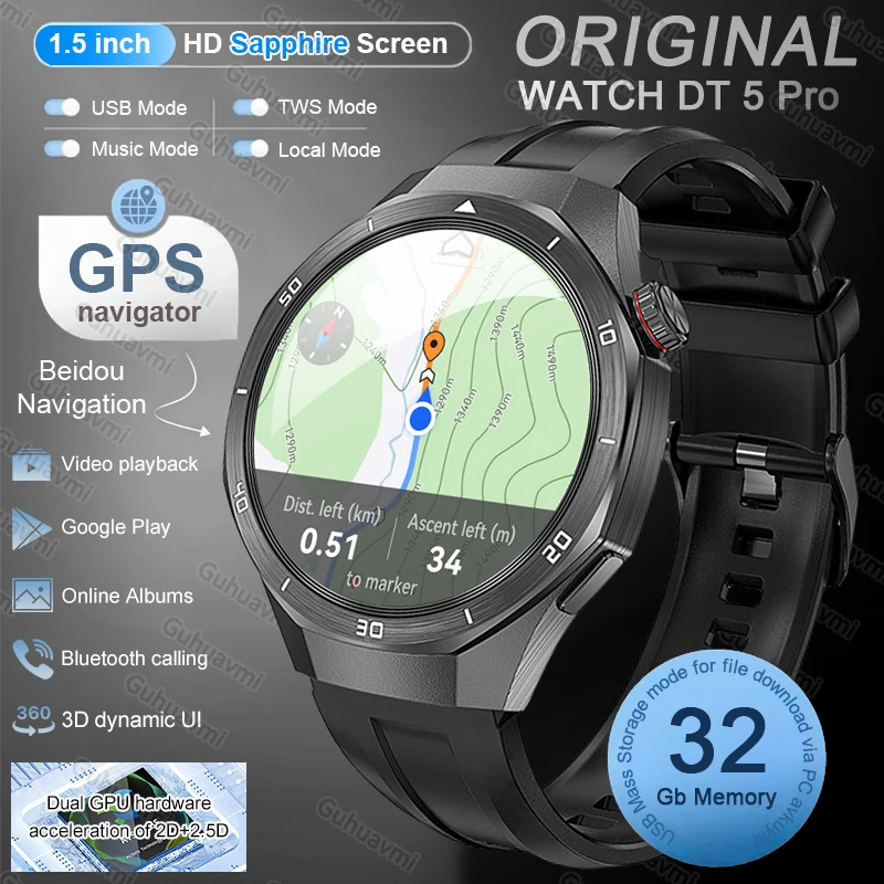 

Новые смарт-часы DT5 Pro 2026 года с GPS-навигацией, 32 ГБ памяти, воспроизведением музыки и видео, загрузкой приложений, Bluetooth-звонками, NFC и сапфировым стеклом. Умный браслет.