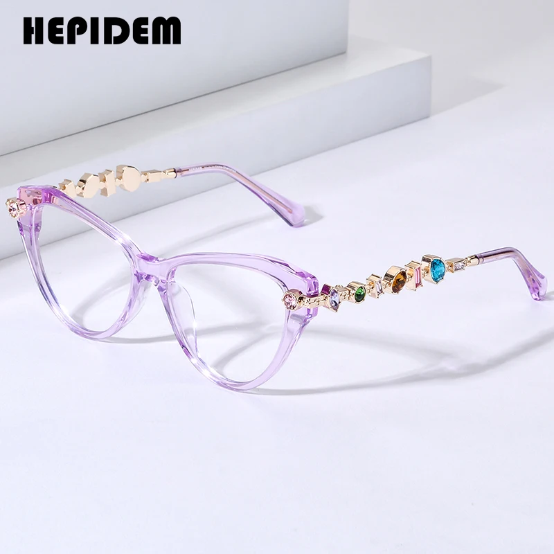 FONEX HEPIDEM Acetate Metal Diamonds Glasses Frame Women Cat Eye Brand Design Eyeglasses Fashion Eyewear Spectacles 9400
