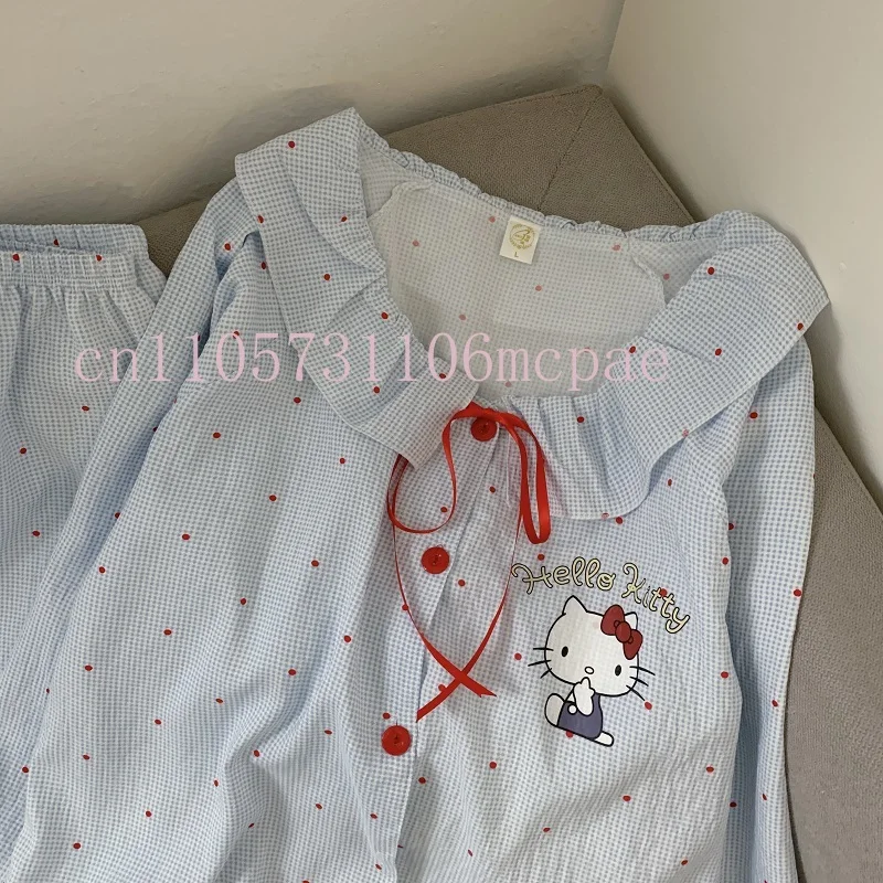 Cozy Big Size Pajama Set for Women Ruffle Long Sleeve Top with Bow and Pants Cute Loungewear LoosePijama Hello Kitty Mujer 5XL