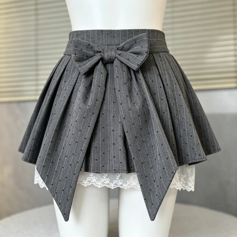 2026 New Y2k Gray Pleated Mini Skirt Women Summer Lace Patchwork Bow Lolita Style Striped Dot Print Cute Fashion Skirt