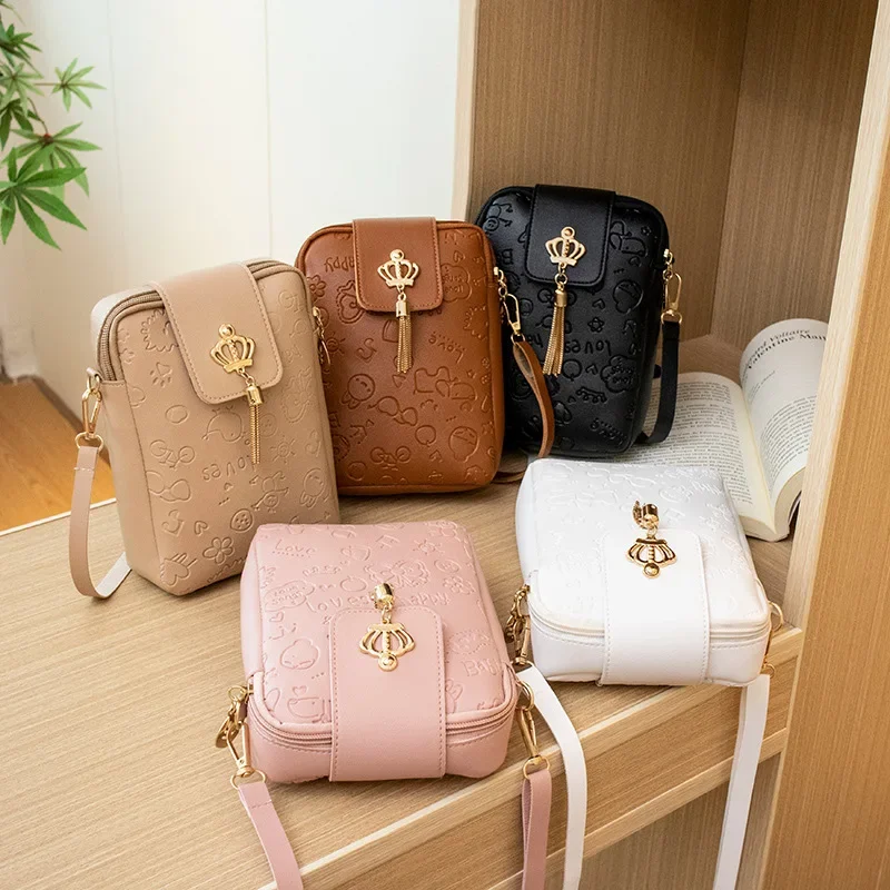 Simple Embossed Crossbody Bag Vintage Crown Pendants Girl Shoulder Bag Casual Trendy Embroidery Mobile Storage Bag