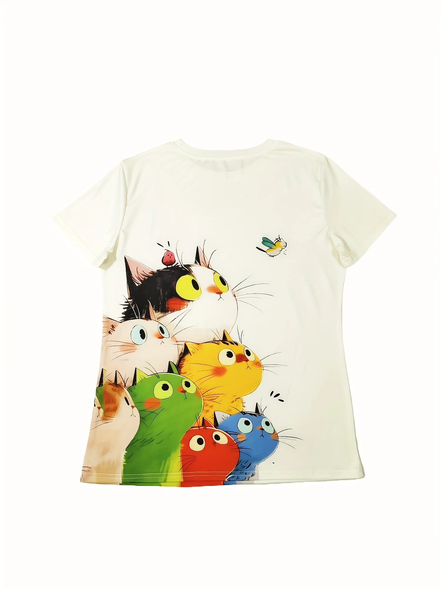 Colorful Stacked Cats Women's Tee - Cute Cartoon Feline Graphic, Playful Print for Casual Daily Wear