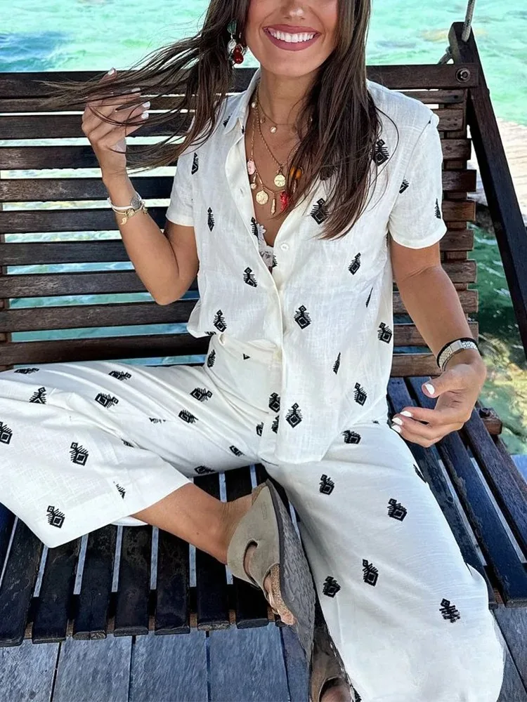 

KONDALA винтажный шикарный женский костюм с вышивкой и отложным воротником, однобортная блузка, свободные брюки, мода 2025 года, праздничные осенние комплекты