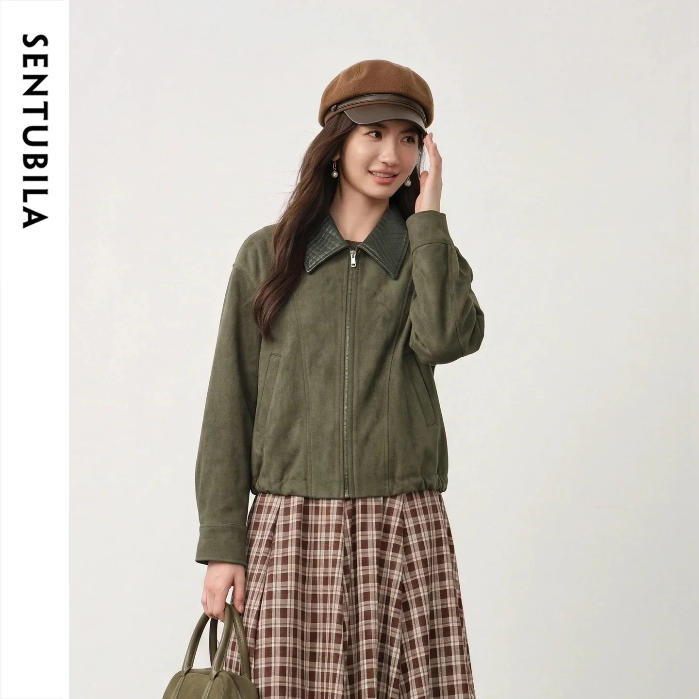 SENTUBILA Women Retro Faux Suede Jacket Quilted Collar Zipper Loose Drop‑Shoulder Cropped Slim Fall Commuter Outerwear 163WB7536