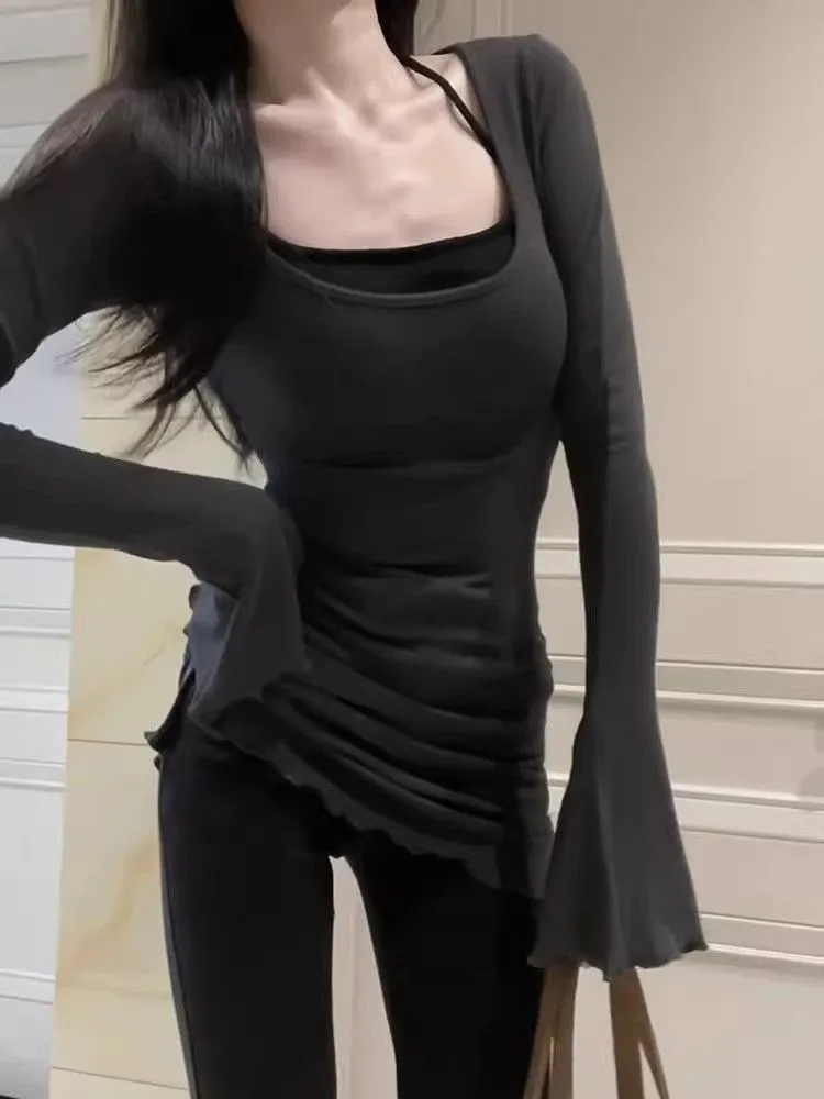 Vintage-Langarm-T-Shirts mit quadratischem Kragen, 2025, Frühherbst, neues Top für Frauen, Y2k-Slim-Fit, lässiges T-Shirt mit Bodenbildung