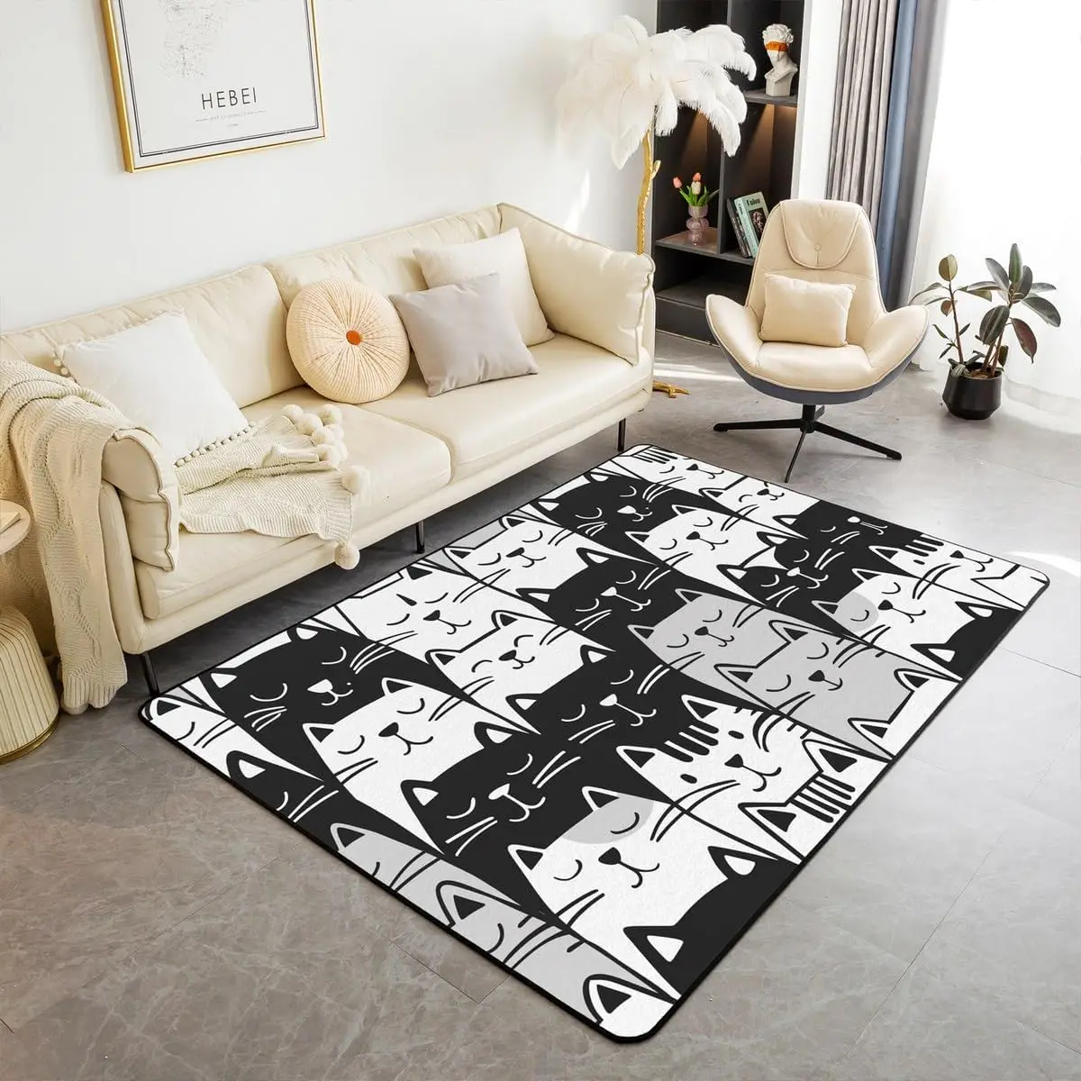 Cute Cats Area Rug，Cartoon Animal Hand Draw Non Slip Carpet for Kids Teens Adults,Black White Gray Decorative Shedding Rug for
