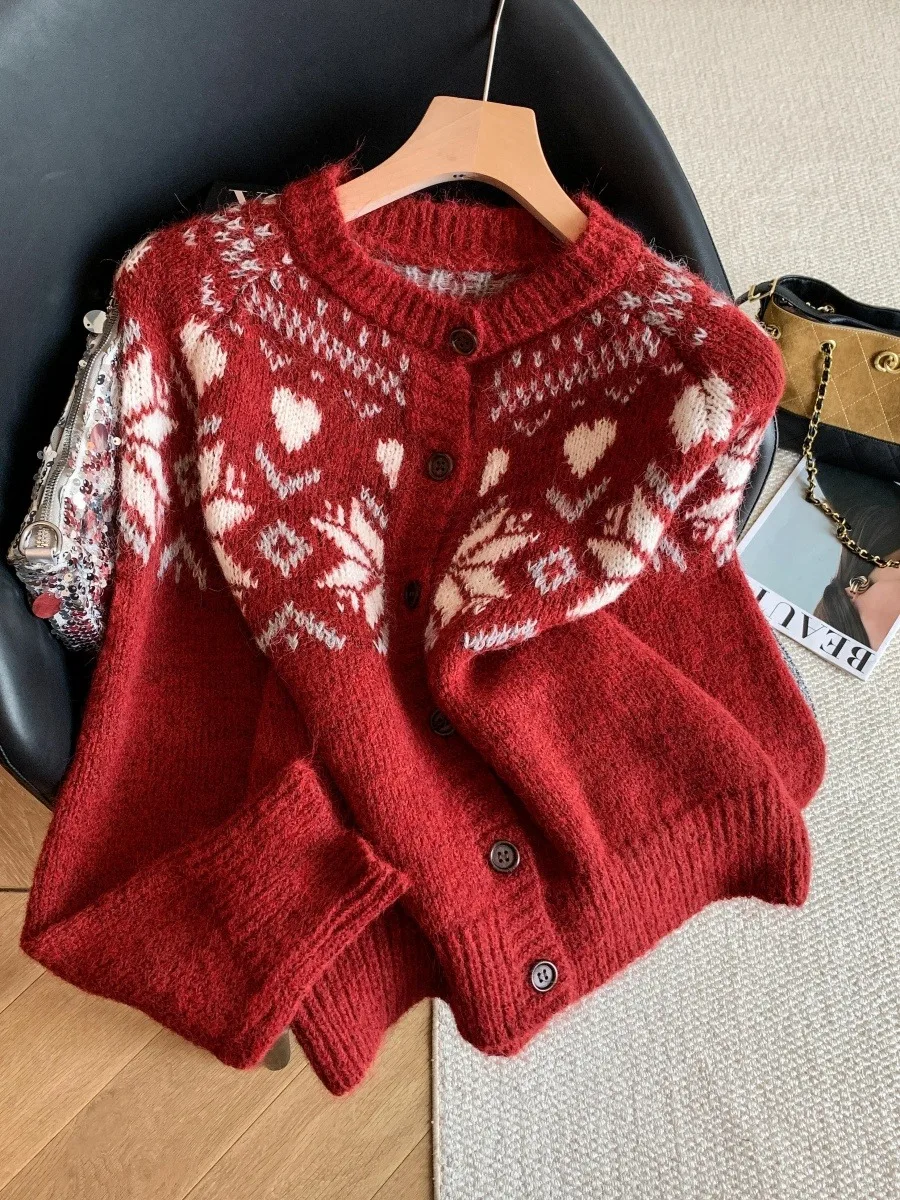 

Red Retro Thiened Cisas Knitted Sweater Women's Autumn Winter Loose Open Cardigan Knitted Outerwear Long Sve Top