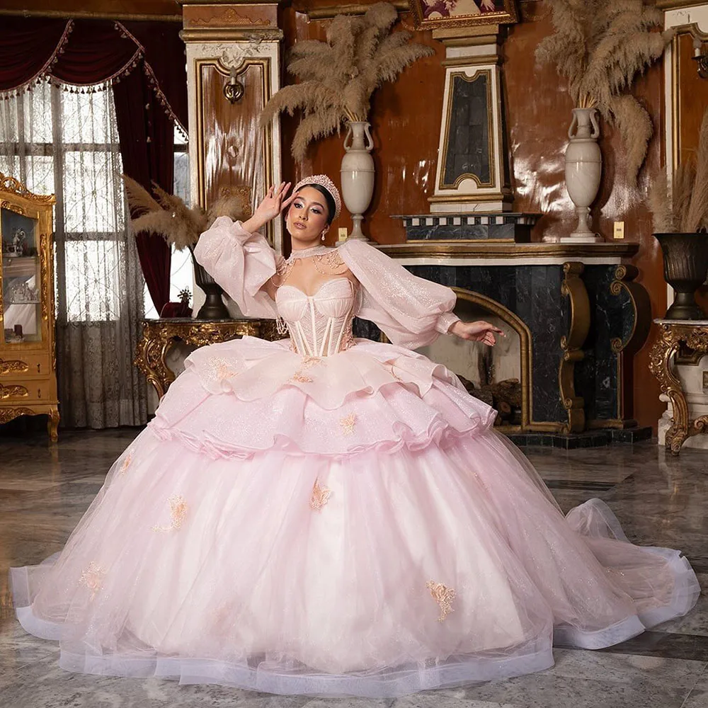 Princess Vestidos De 15 QuinceaƱera 2024 Pink Sequined 3 Pieces Quinceanera Dresses Sweet 15 Girls Birthday Gowns