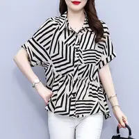 Women's Printed Stripe Summer Shirt Casual Short Sleeve Tunic Loose Fit Comfortable Top