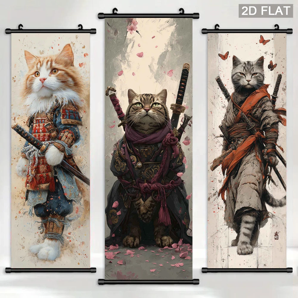 VIKAMA Samurai Cat Scroll Tapestry, Katana Cat Sakura Wall Art, Aesthetic Fabric Poster for Bedroom Living Room Home Decor