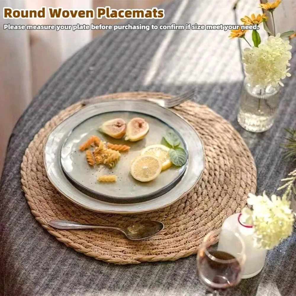 Round Handwoven Rattan Placemats Non-Slip Heat Resistant Natural Woven Table Mats Heat Insulation Mats Dining Table