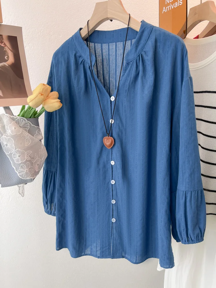

Blue Cotton And Linen Lantern Sleeve Women's Shirt Blouse Spring And Autumn Top Loose Bohemian Holiday Casual Beach Shirt Blusas