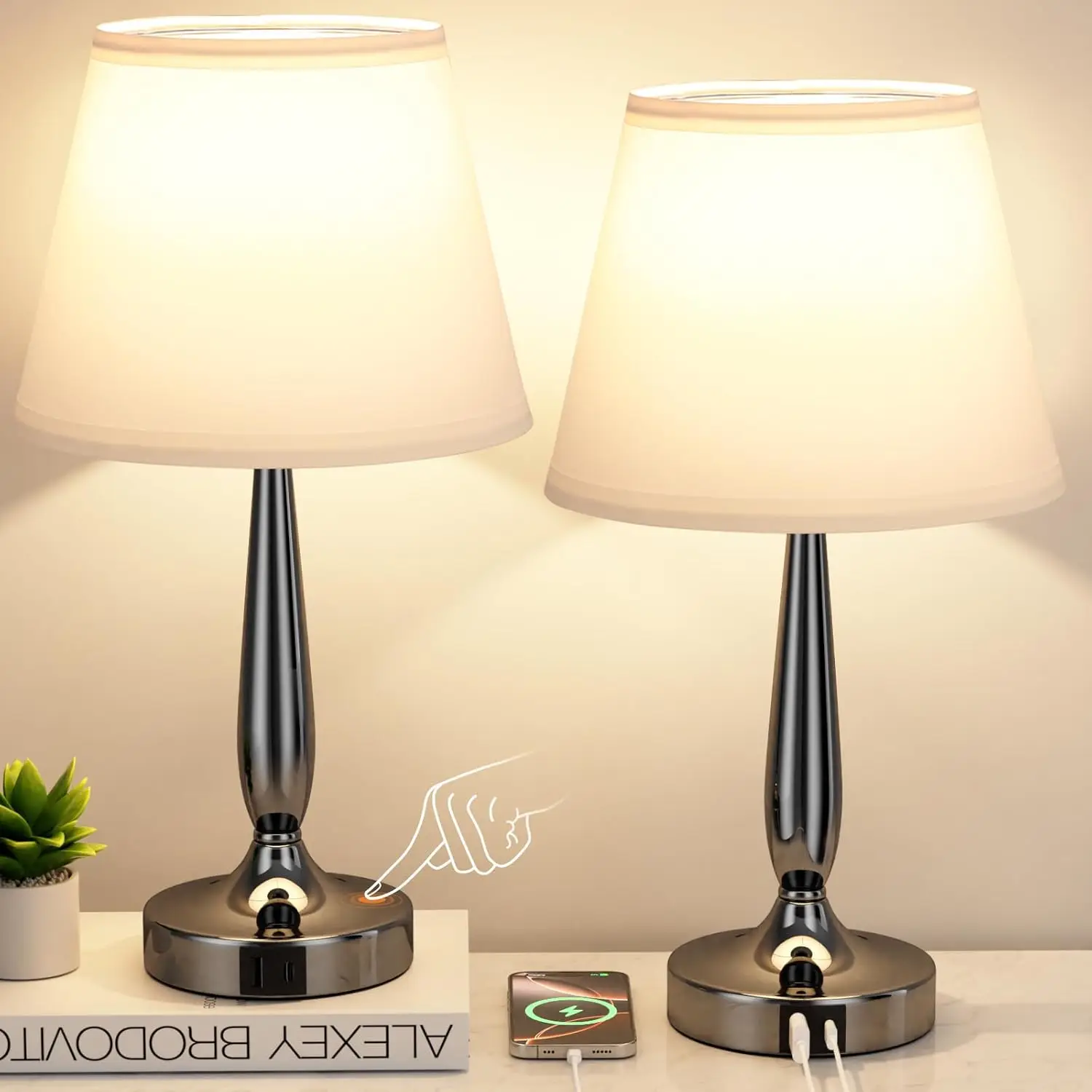 

Touch Bedside Lamps with USB Charging Ports, Dimmable Nightstand Lights for Bedroom - White (LED Bulb Included)
